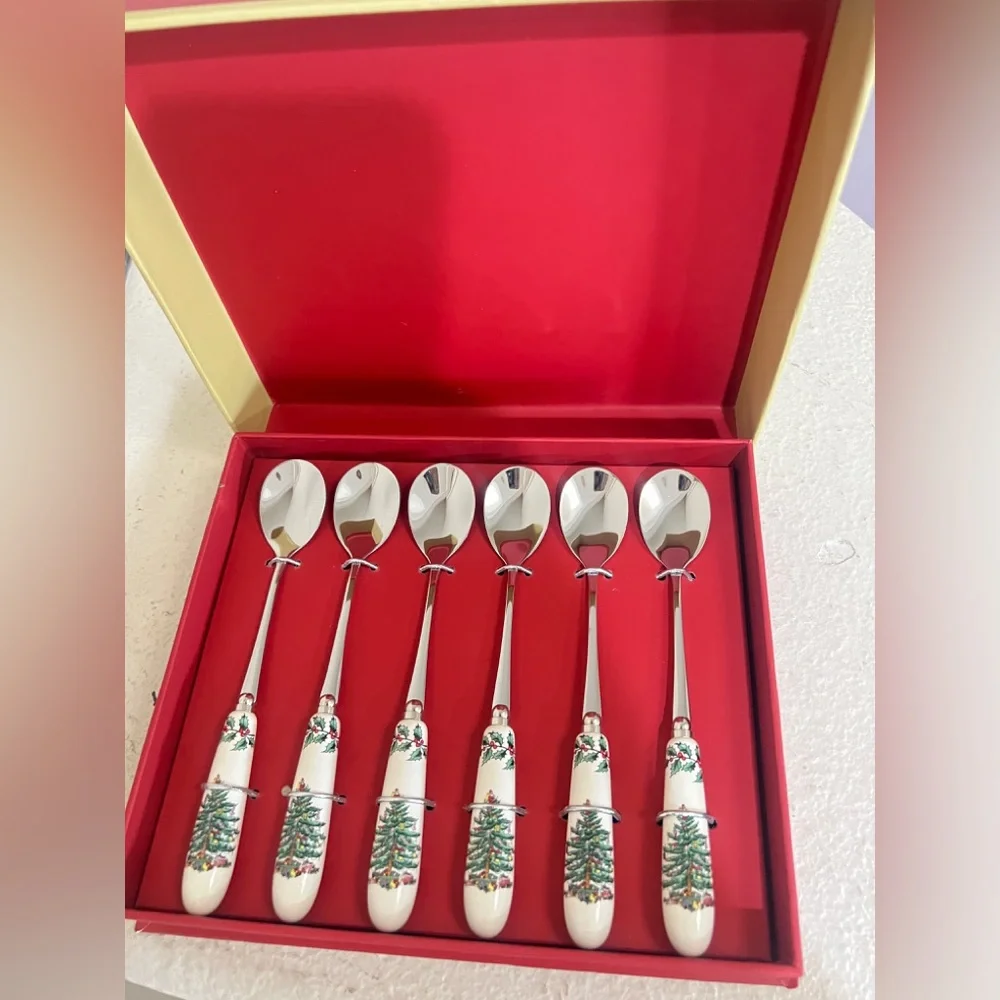 Spode Christmas Tree Porcelain & Stainless‎ Steel 6 Inch Teaspoons, Set of 6